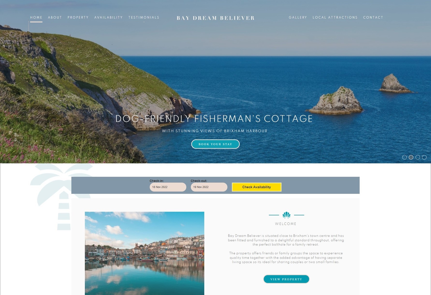 A responsive web design displaying a dog friendly fisherman's cottage on desktop.