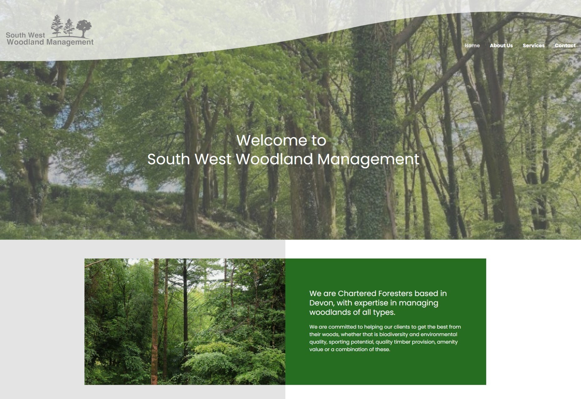 A responsive web design for a woodland management company shown on desktop.