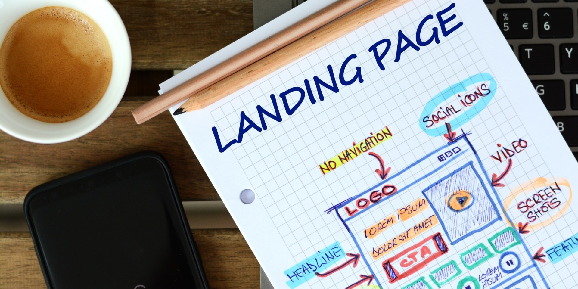 A landing page diagram on a notepad